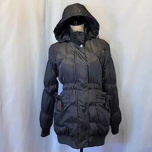 JACOB Bow Tie Hood Fitted Puffer Long Jacket Warm Charcoal